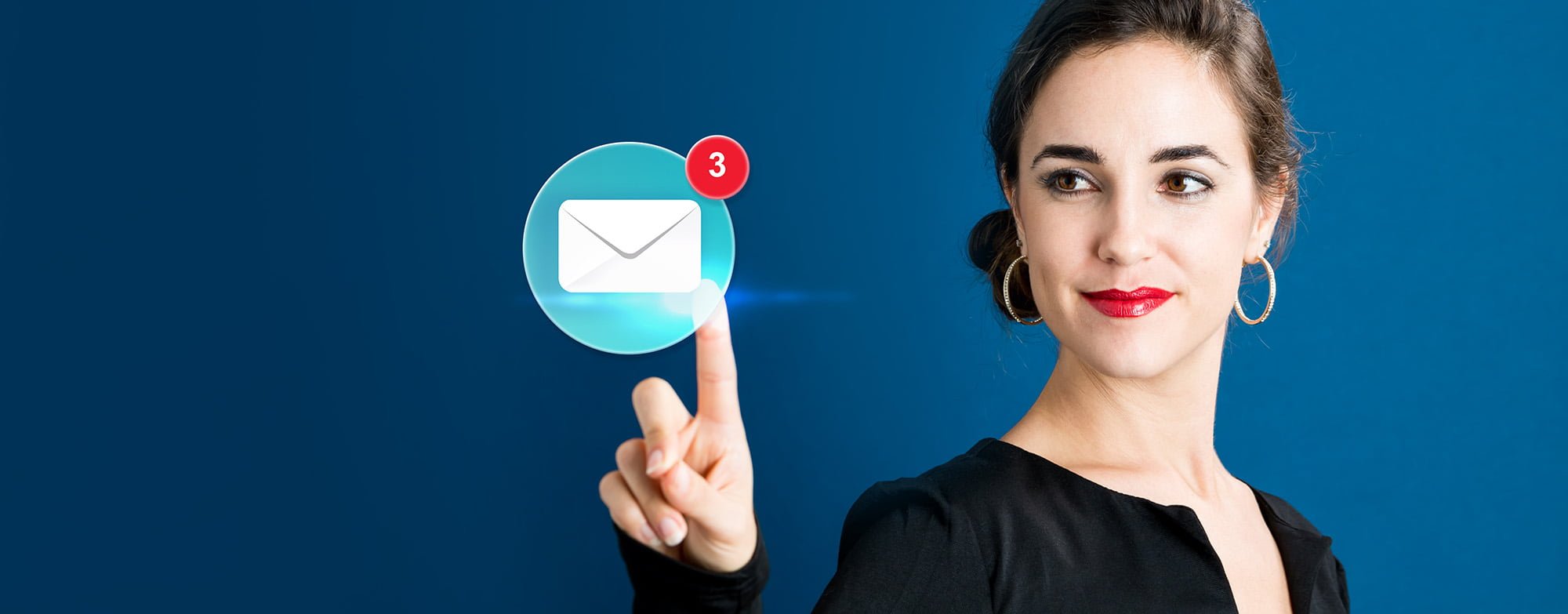 Email icon with business woman on a dark blue background